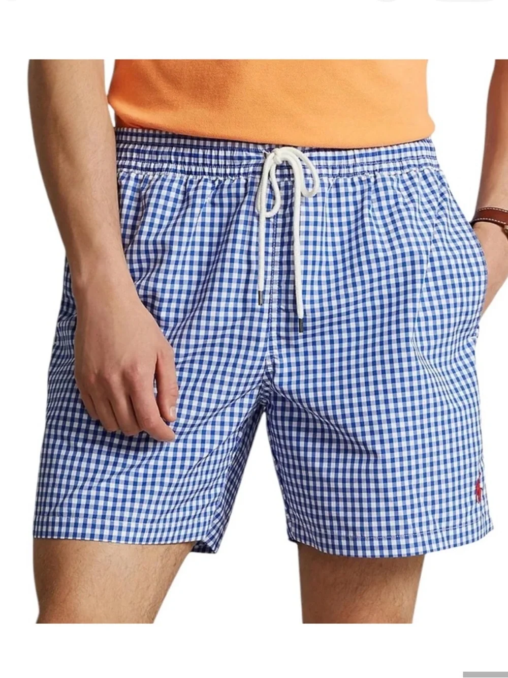 Polo Ralph Lauren Blue & White Check Gingham 6” Traveler Classic Swim Trunks